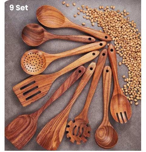 Thailand teak natural wood cooking spoon set, including ladles, turners, and soup skimmers, displayed on a textured surface with scattered beans, showcasing their rustic elegance.