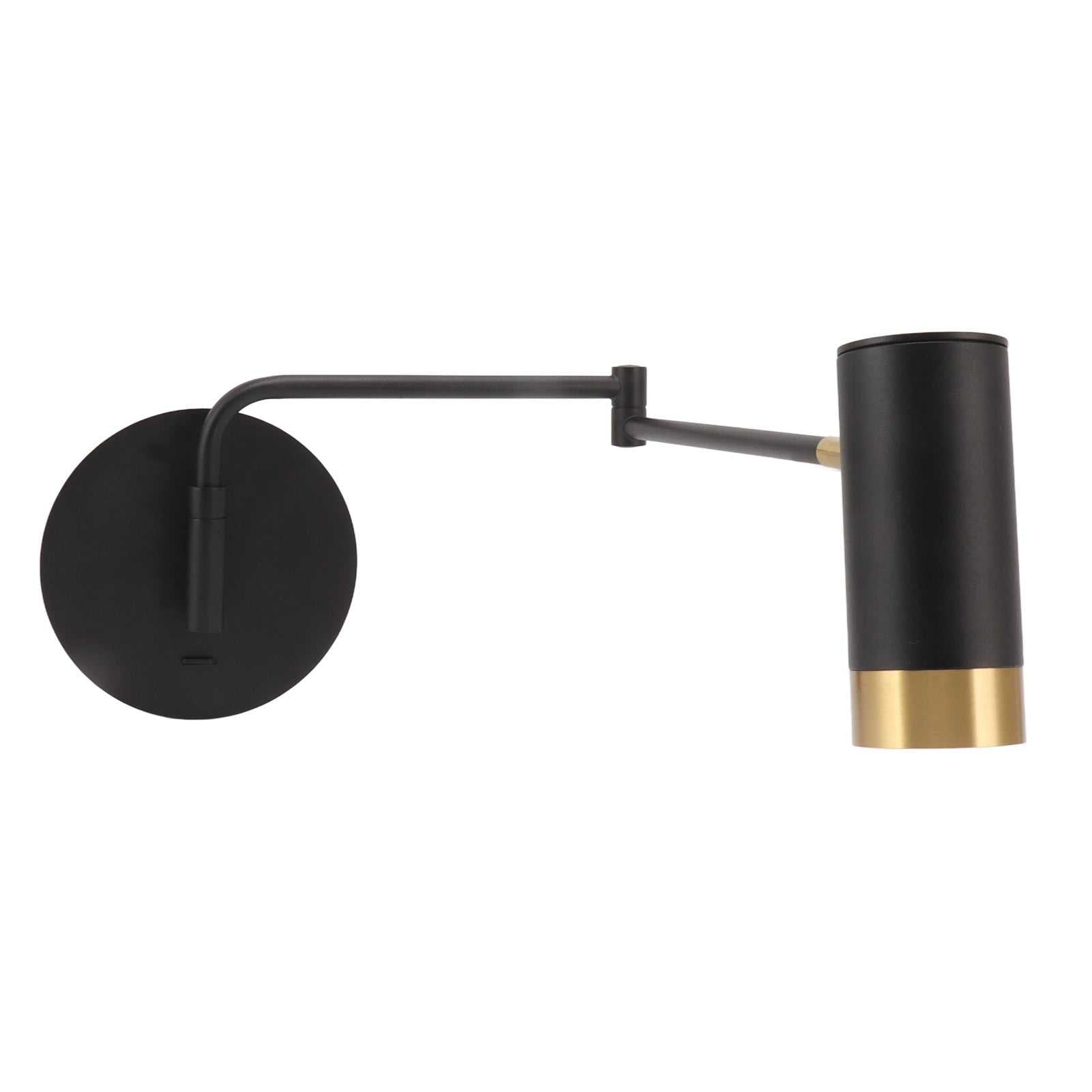 Swing arm wall lamp with adjustable arms and cylindrical shade in black and gold for bedroom or living room.