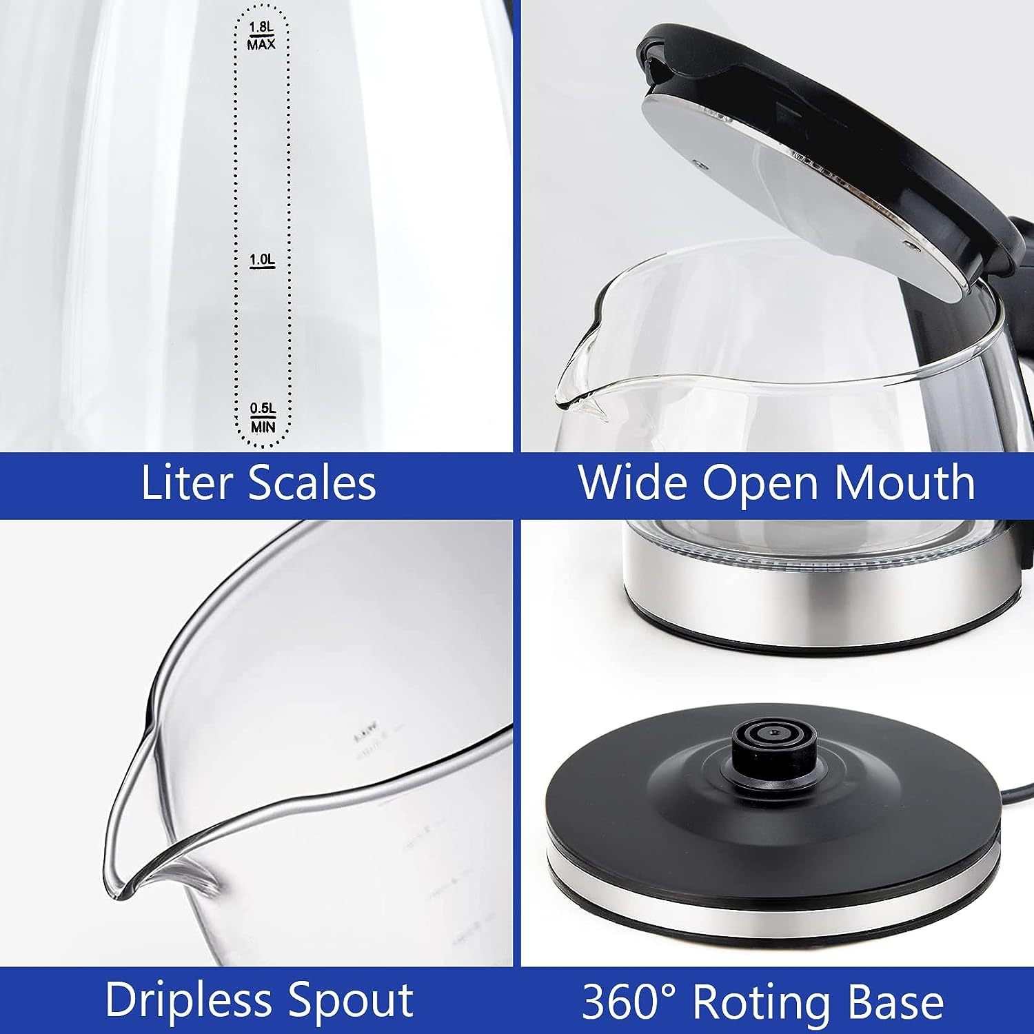 Electric kettle water boiler with liter scales, wide open mouth, drip-less spout, and 360-degree rotating base.
