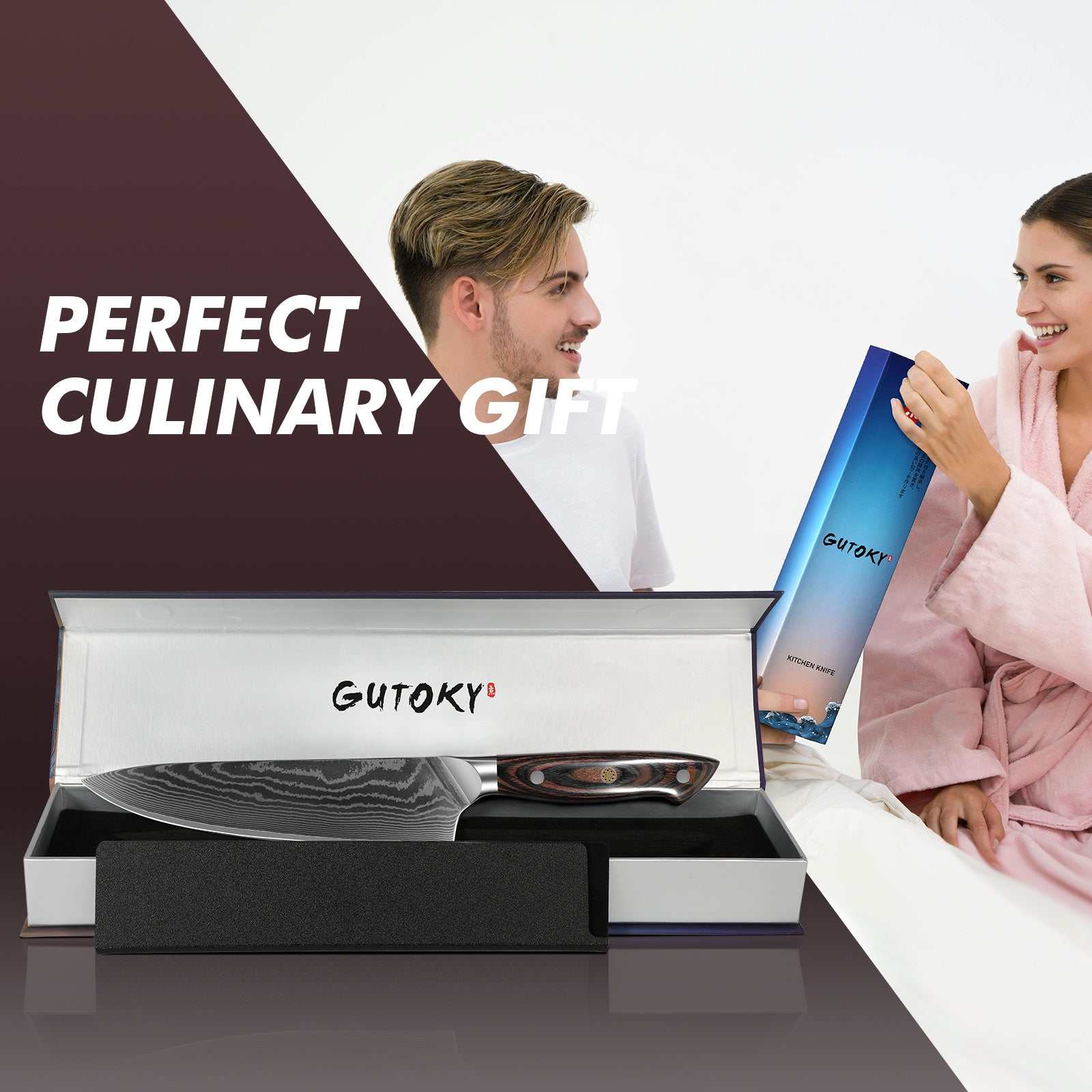 8 Inch Japanese Chef Knife with sheath, Damascus rose pattern blade, colorful pakkawood handle, perfect culinary gift set.