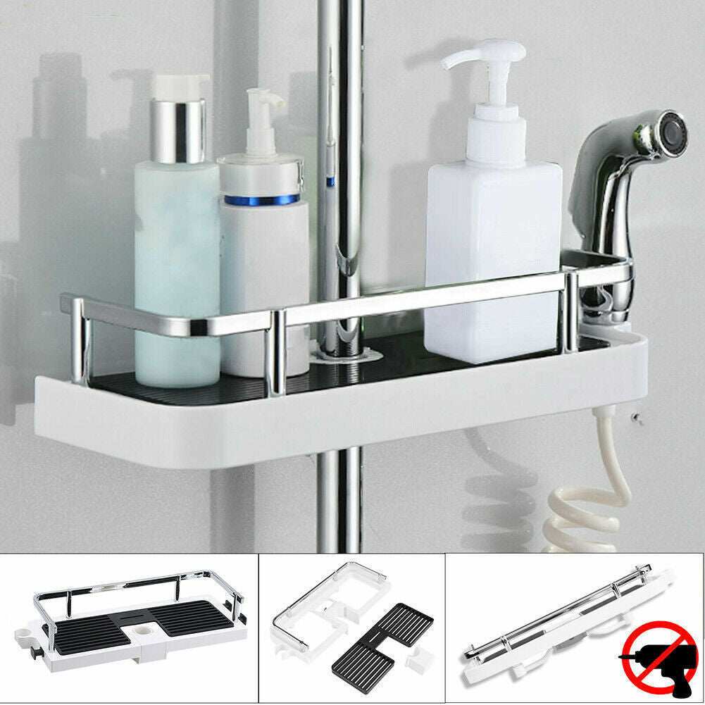 No drilling shower shelf with hollow bottom, side shower holder, and hooks; durable ABS material.