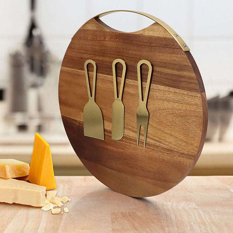 Cheese knife and acacia wood board set with stainless steel knives.