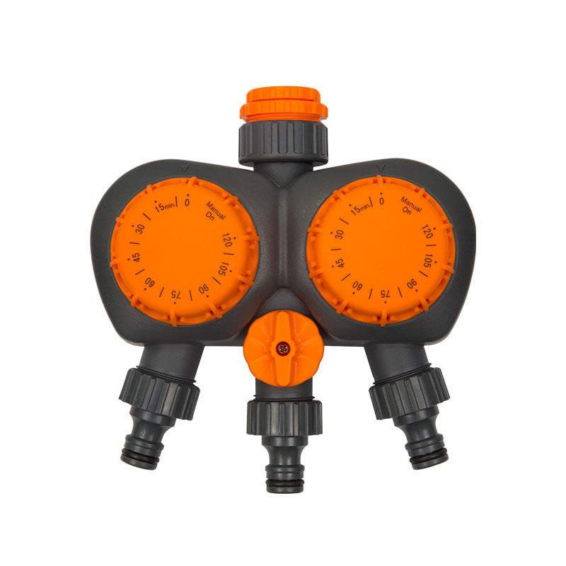 Mechanical timing controller irrigation system with multiple outlets.