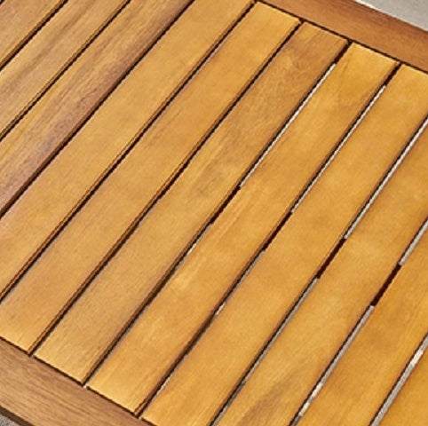 Outdoor 4-seater acacia wood set with beige cushions and a slatted teak coffee table.