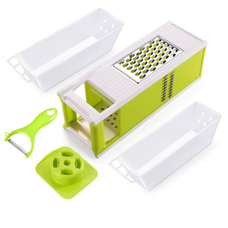 Multifunctional kitchen utensils cutting tool with four-sided blade and drain storage box.
