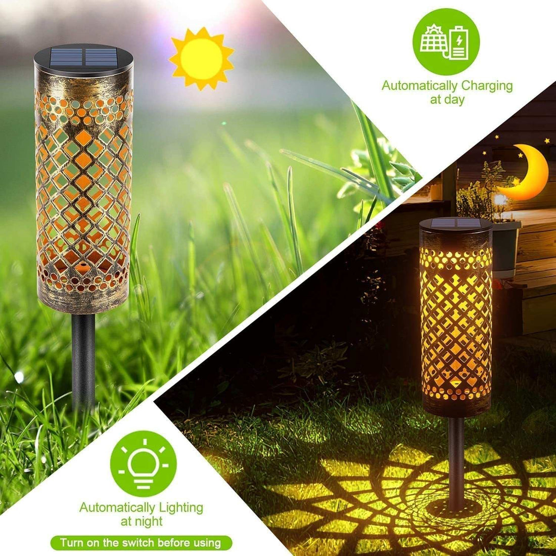 Metal solar-powered lawn lamp with geometric design, warm light, and iron material, illustrating daytime solar charging and nighttime illumination.