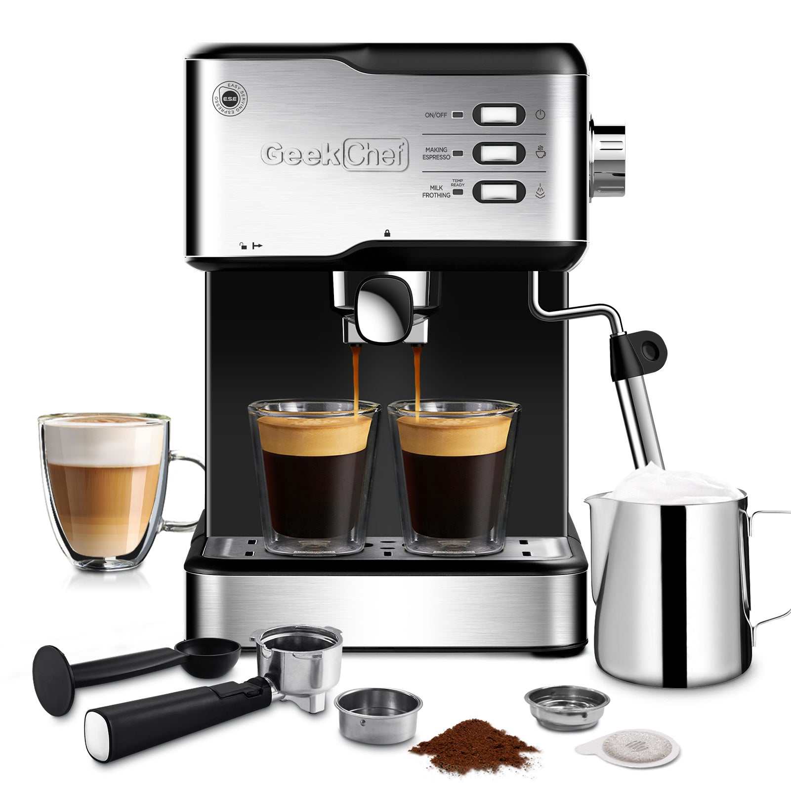 Geek Chef Espresso Machine with 20 bar pressure, ESE Pod compatibility, and milk frother steam wand, 950W, 1.5L water tank.