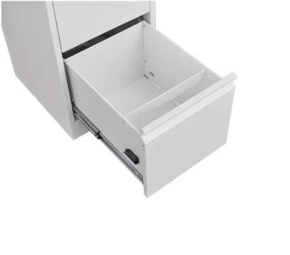 White metal 3 drawer file cabinet with lock, suitable for A4, legal, and letter sizes.
