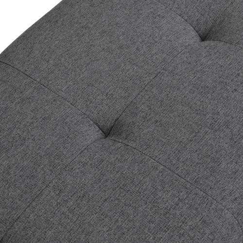 dark gray linen-upholstered seat cushion with button tufting on 49 inch storage shelf