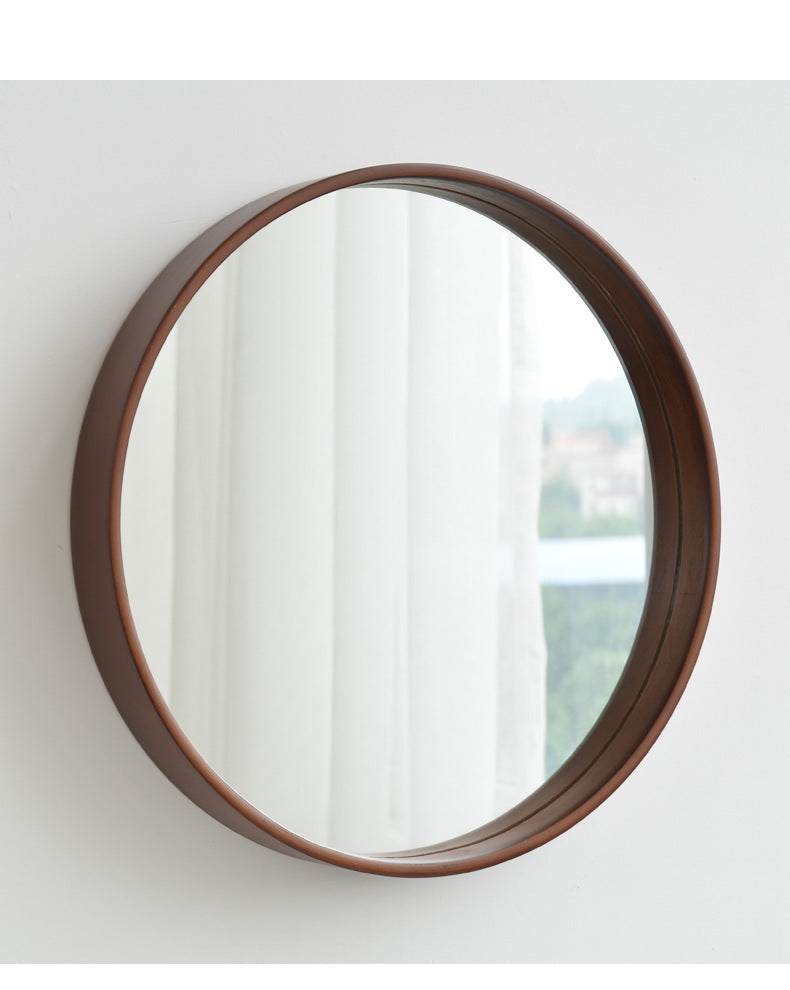 Round walnut-colored bathroom mirror with solid wood frame, modern design, 30cm diameter.