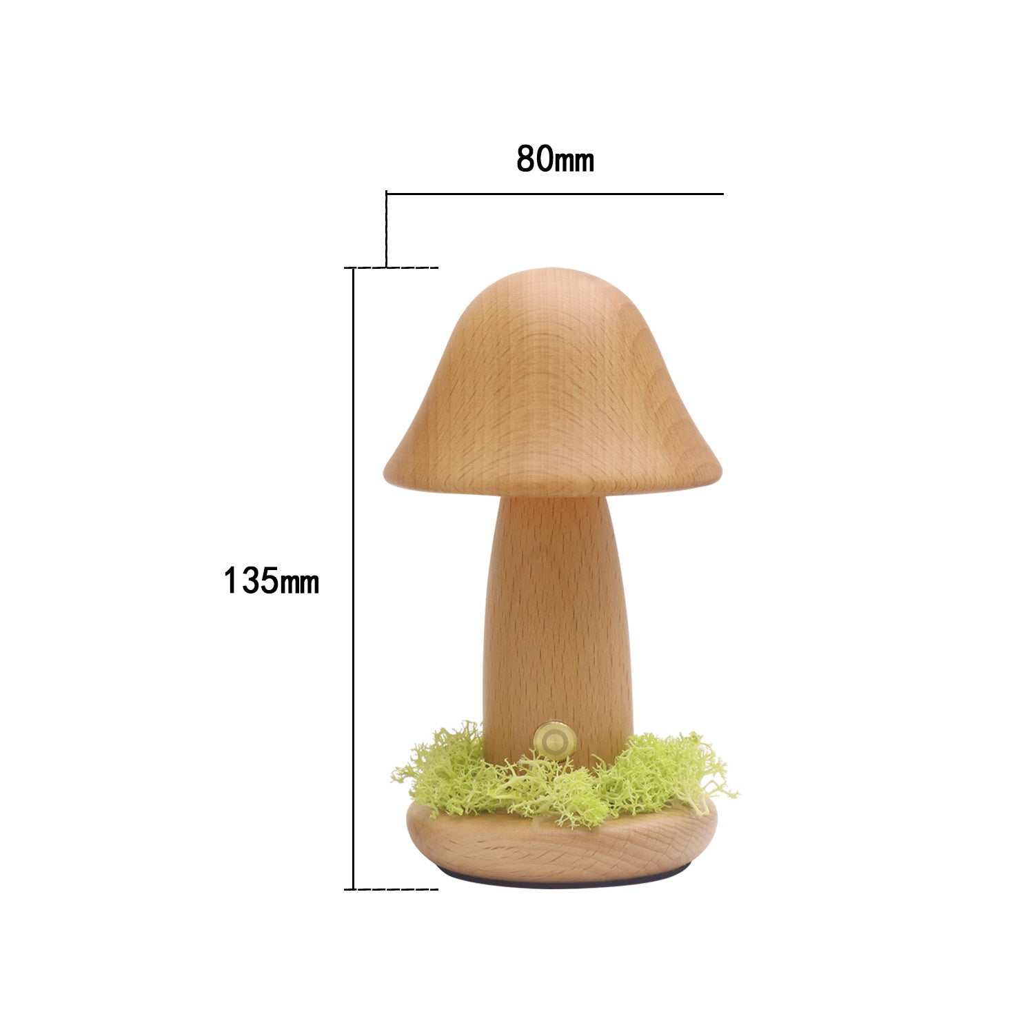 Mushroom-shaped night light with beech finish, measuring 80mm x 135mm.