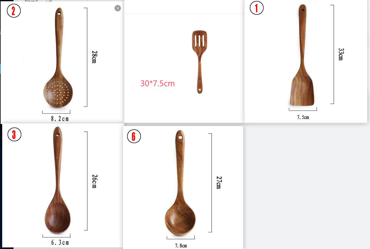 Thailand Teak Natural Wood Tableware Set featuring various spoon and ladle designs, eco-friendly kitchen utensils with ergonomic long handles.
