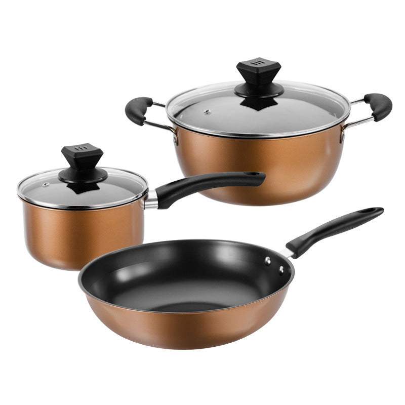 Set of three non-stick cast iron cookware pots, including a soup pot, milk pot, and wok, in light luxury style.