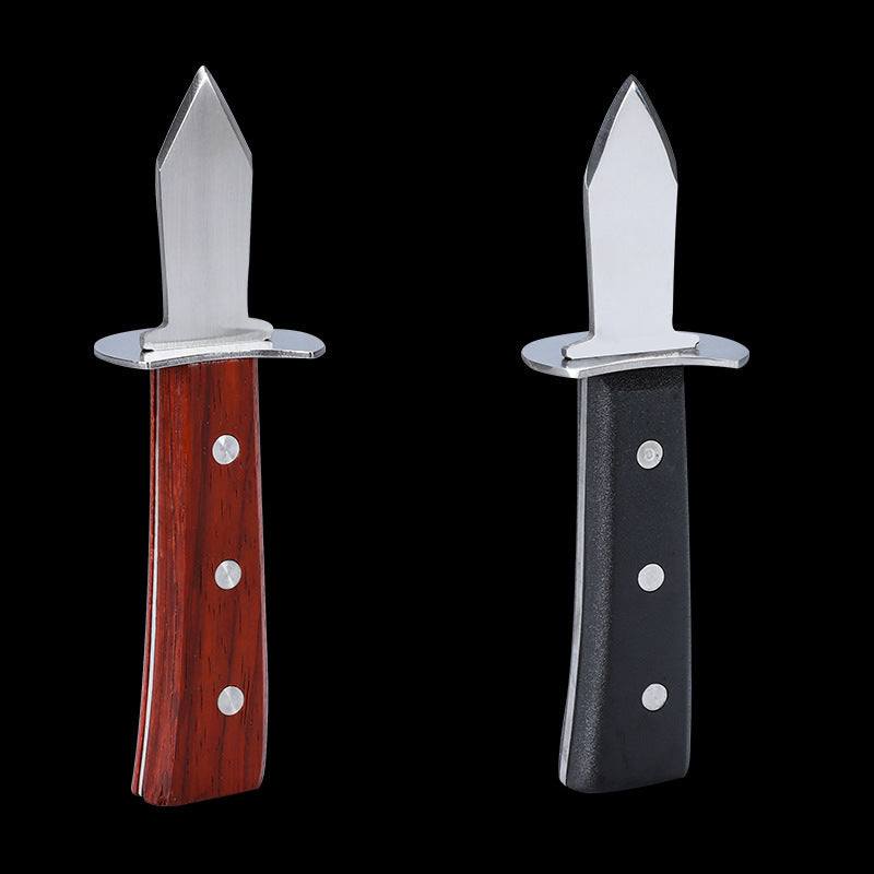 Stainless steel oyster shell knife with red wooden handle.