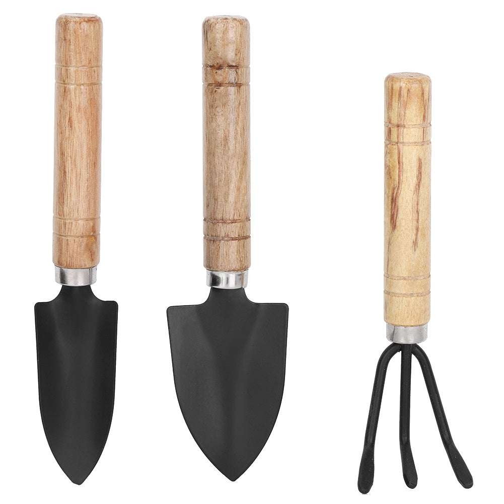 3pcs mini plant gardening tools set with wooden handles, including spade, claw rake, and shovel.