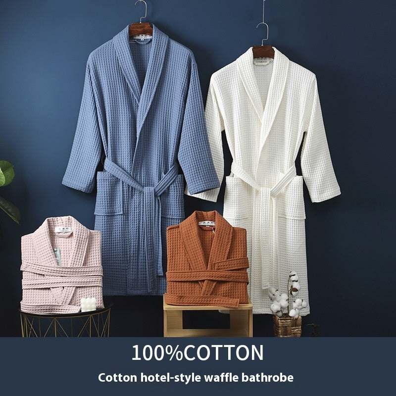 Pure cotton waffle bathrobe in blue and white, suitable for couples, available in sizes M, L, XL.