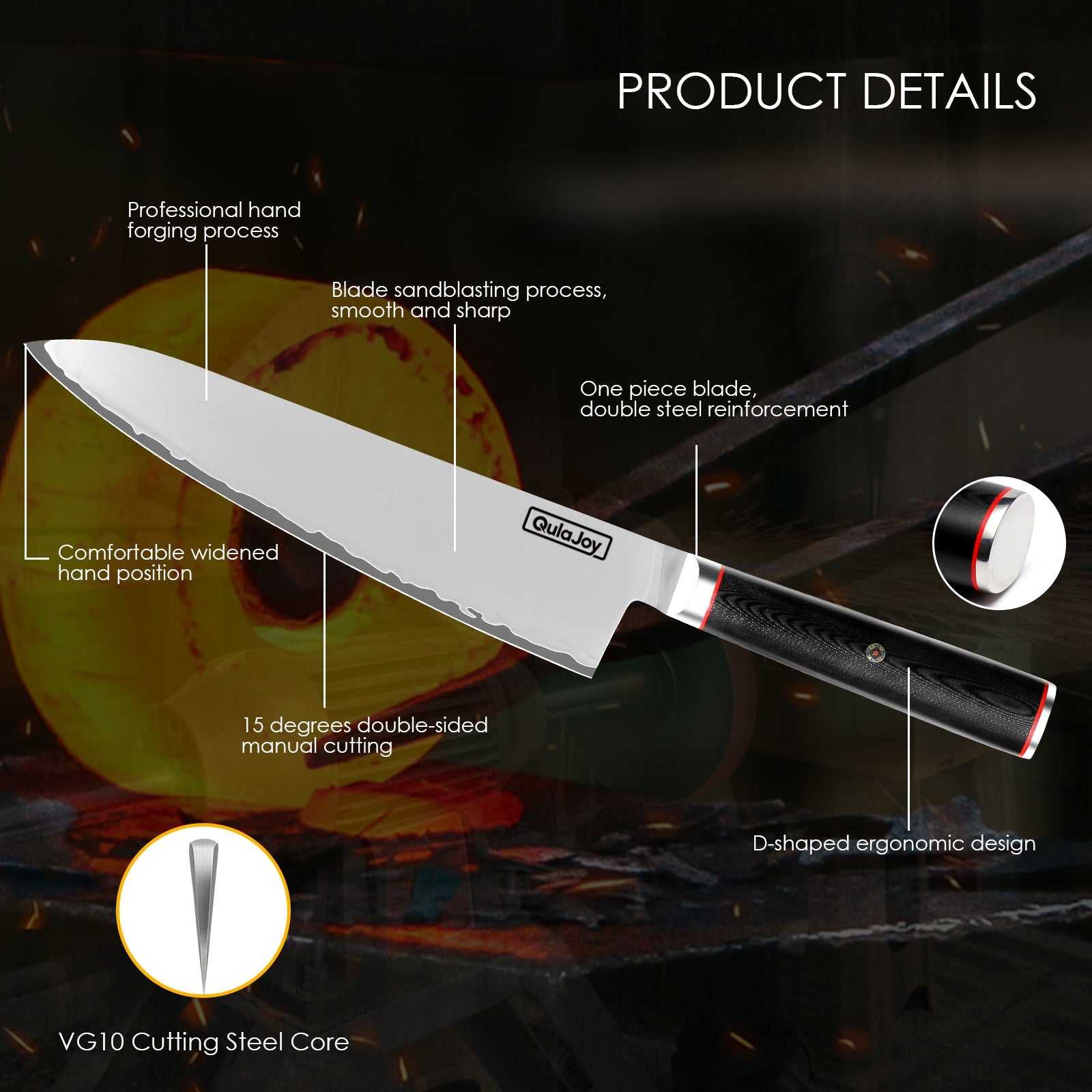 Qulajoy VG10 Chef Knife with G10 handle and VG10 steel blade for precise cutting.