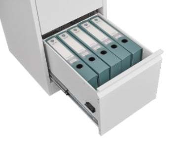 White 3 drawer vertical file cabinet with lock, open drawer showing file storage for A4, legal, and letter size documents.