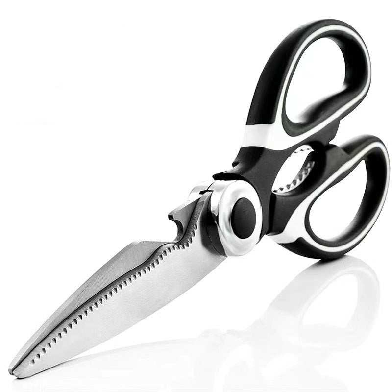 Stainless steel kitchen scissors with a modern design, ideal for household use.