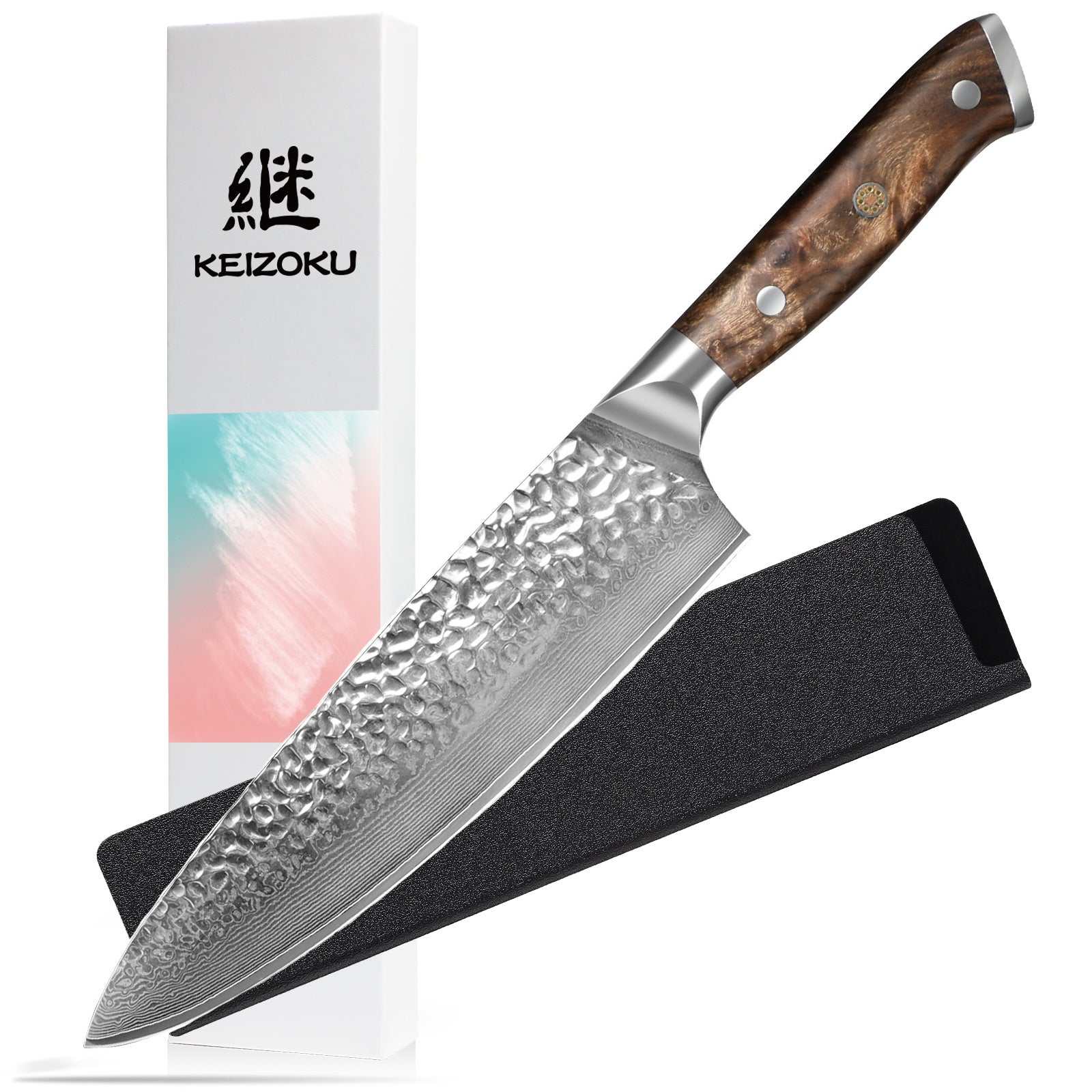 Damascus Chef Knife with 10Cr15MOV Japanese steel, G10 handle, and sheath, ideal for professional and home kitchens.