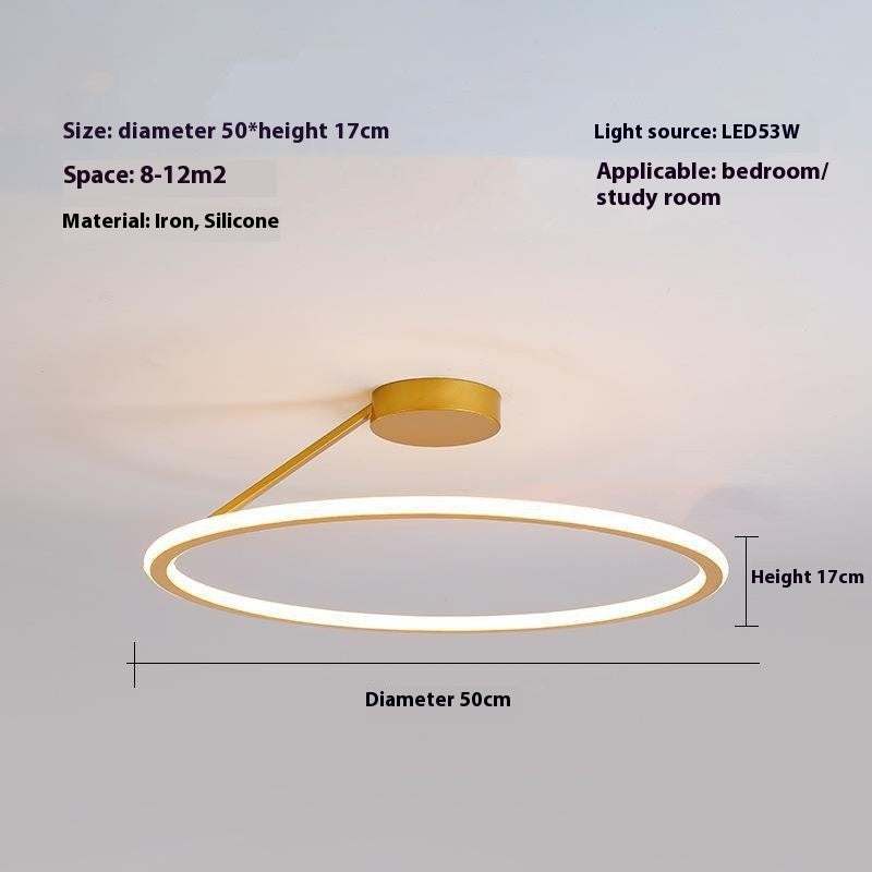 Simple modern LED ceiling light, round gold design, suitable for bedroom or study room, 50cm diameter.