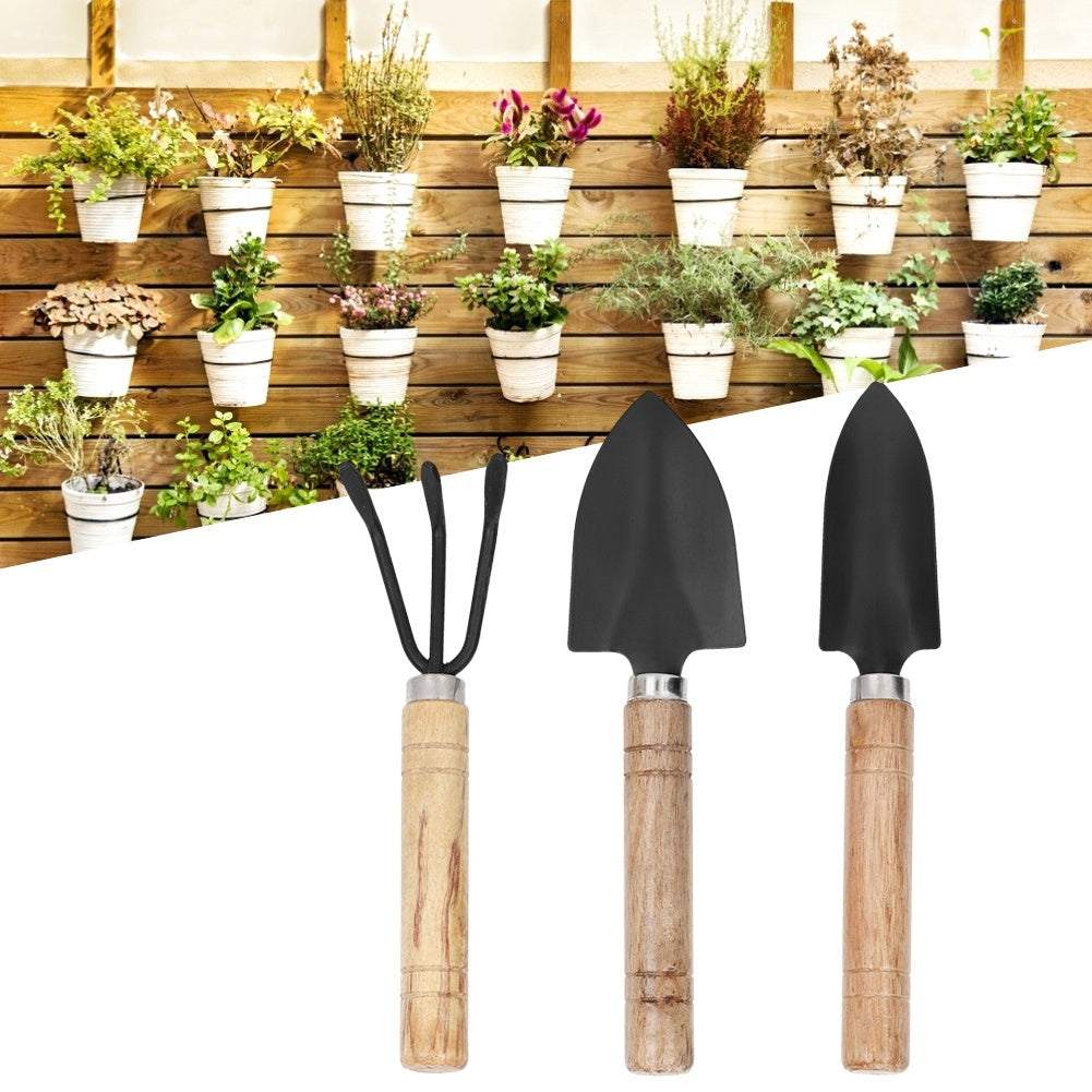 3pcs mini plant gardening tools set with spade, claw rake, and shovel for potted plants and flowers.