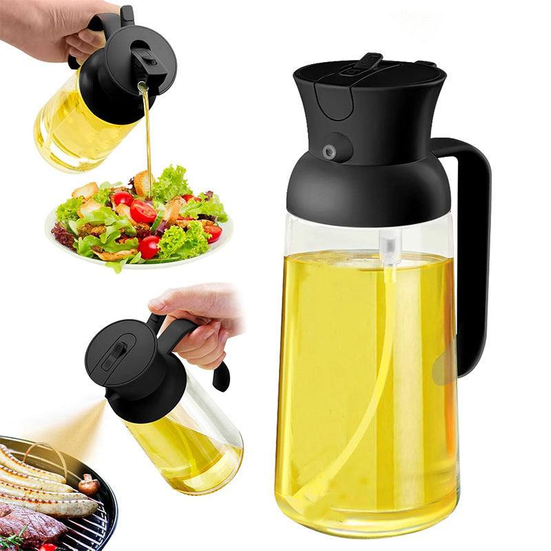 Glass dual-use olive oil sprayer with automatic opening and closing for kitchen use.