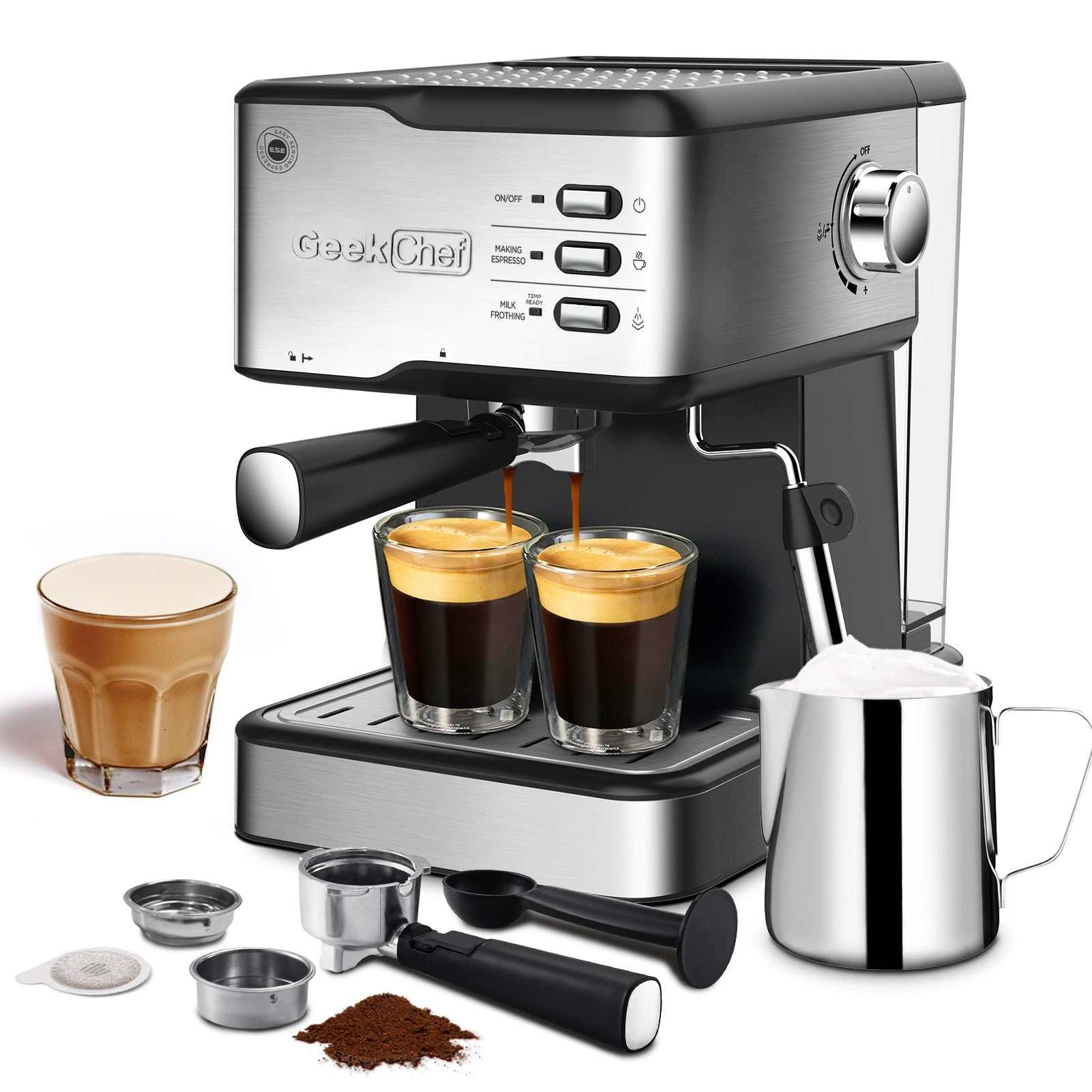 Geek Chef Espresso Machine with 20 Bar Pressure, ESE POD Compatibility, and Milk Frother Steam Wand.