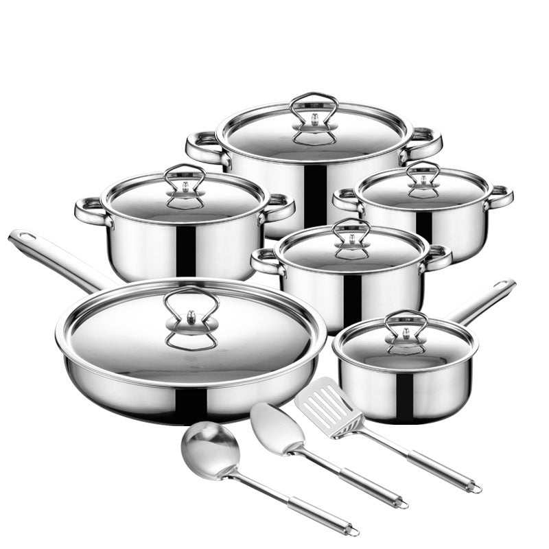 15-piece stainless steel cookware set with non-stick pans and glass lids.