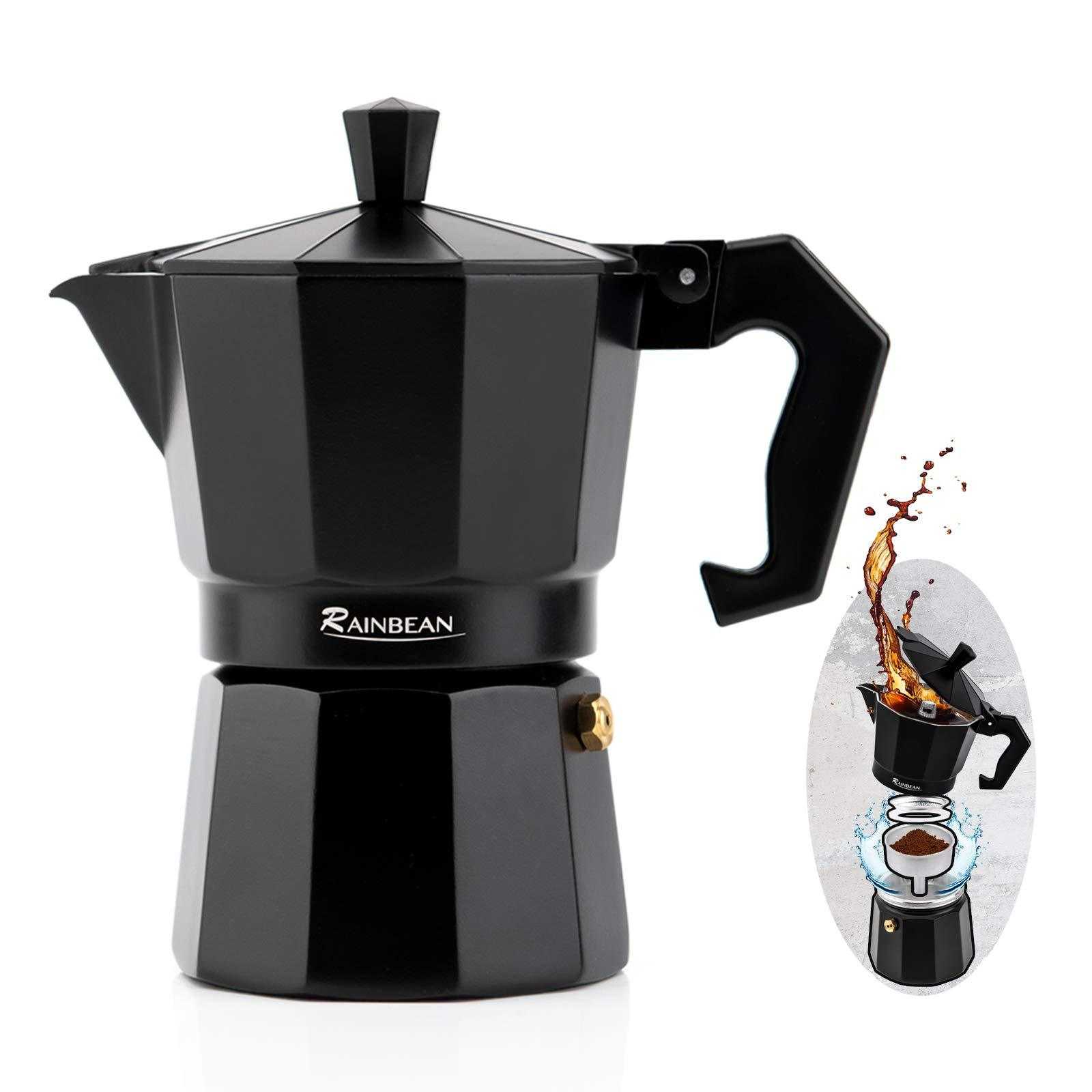 Stovetop espresso maker, black aluminum moka pot, classic Italian design, percolator, with two cups.