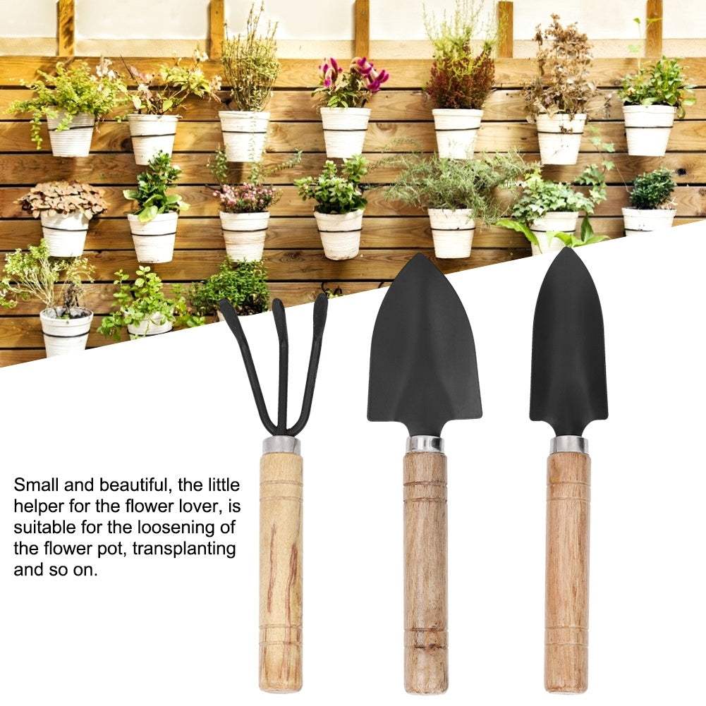 3-piece mini plant gardening tools set with spade, claw rake, and shovel for potted plants.