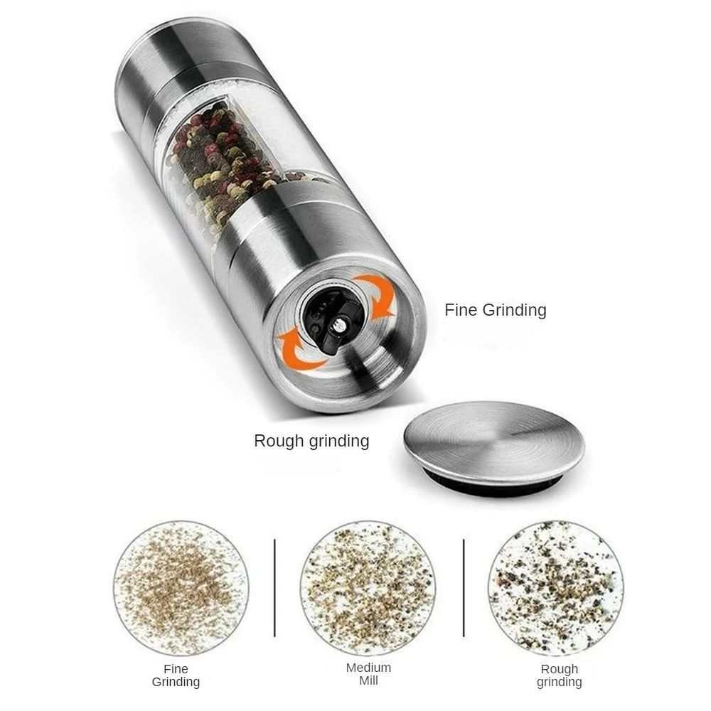 Stainless steel 2-in-1 manual salt pepper grinder with adjustable ceramic grinding mechanism.