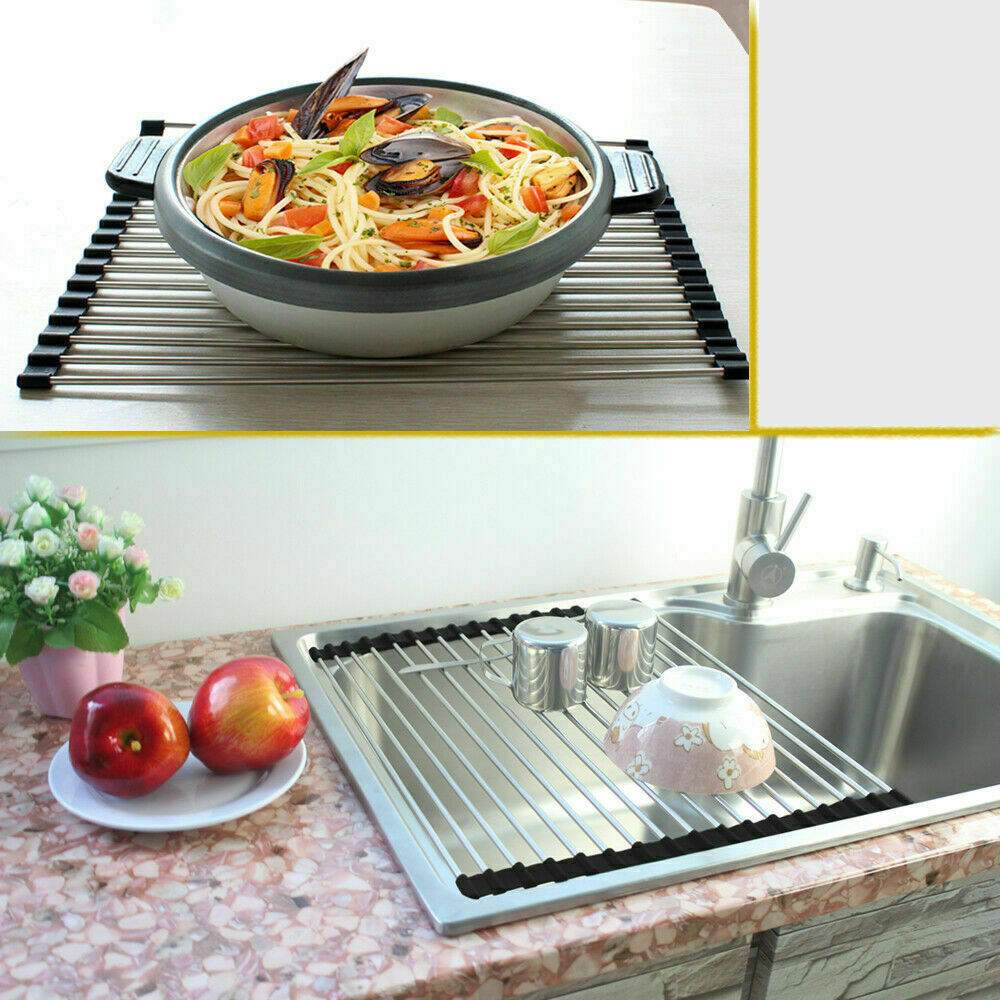 Kitchen stainless steel sink drain rack roll up dish drying drainer mat in use, displaying its multifunctional drying and space-saving features.