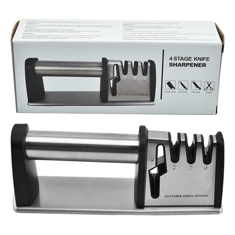 Stainless steel and ABS plastic fast knife sharpener with a four-stage sharpening design.