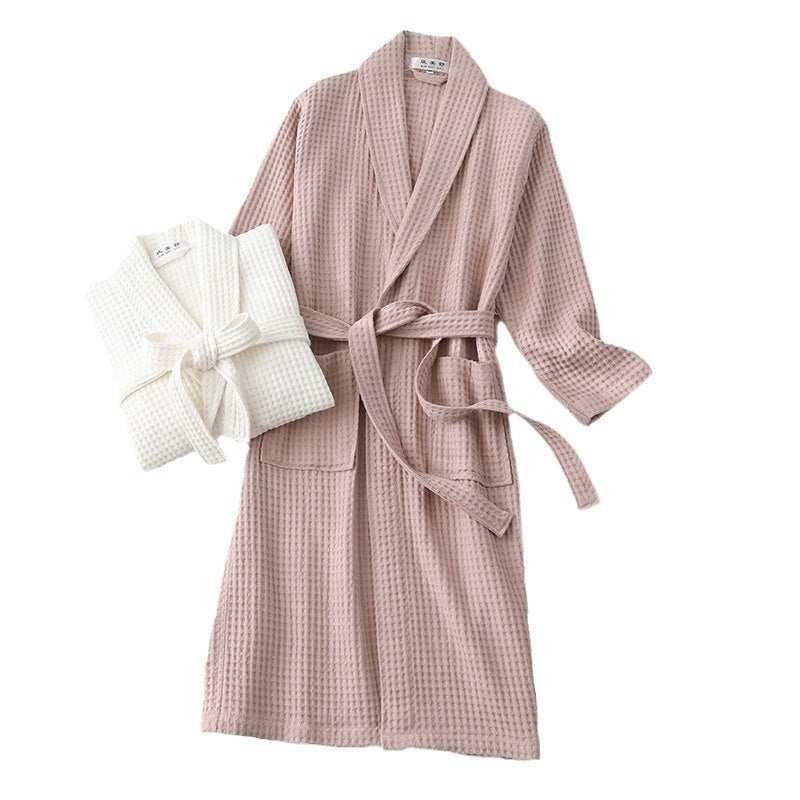 Pure cotton waffle bathrobe for couples in long design, available in dark coffee color and blue.