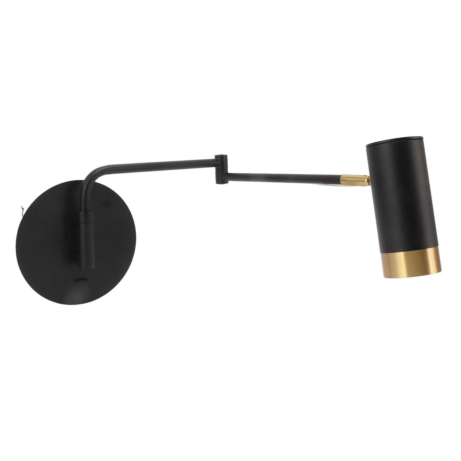 Black swing arm wall lamp with adjustable arms for reading, modern minimalist design.
