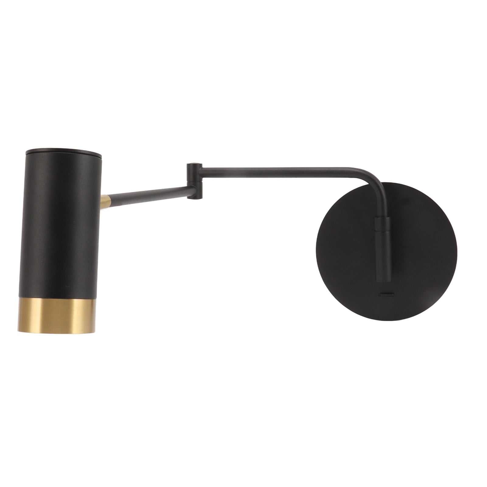 Black swing arm wall lamp with adjustable arms, cylindrical lampshade, and modern minimalist design for bedroom or living room.