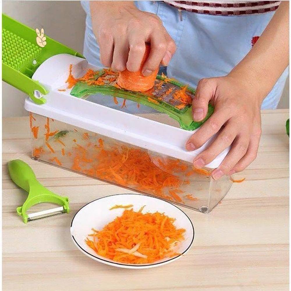 Multifunctional vegetable chopper in use, slicing carrots into a container, showcasing its practical design. 
