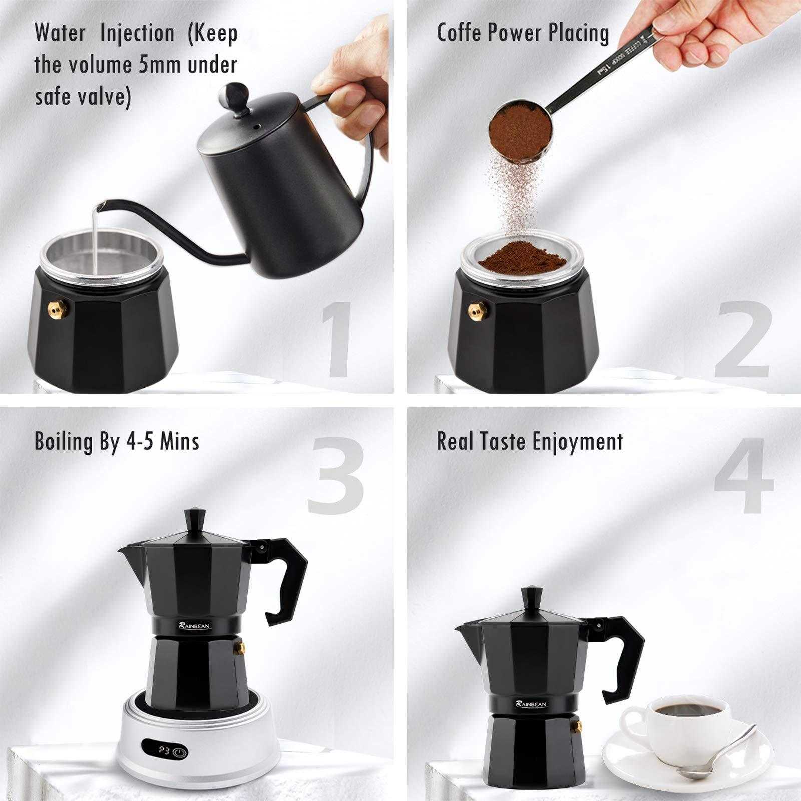 Stovetop espresso maker with steps for brewing coffee, including water injection, coffee powder placement, boiling, and enjoyment. Black aluminum moka pot shown with cup.