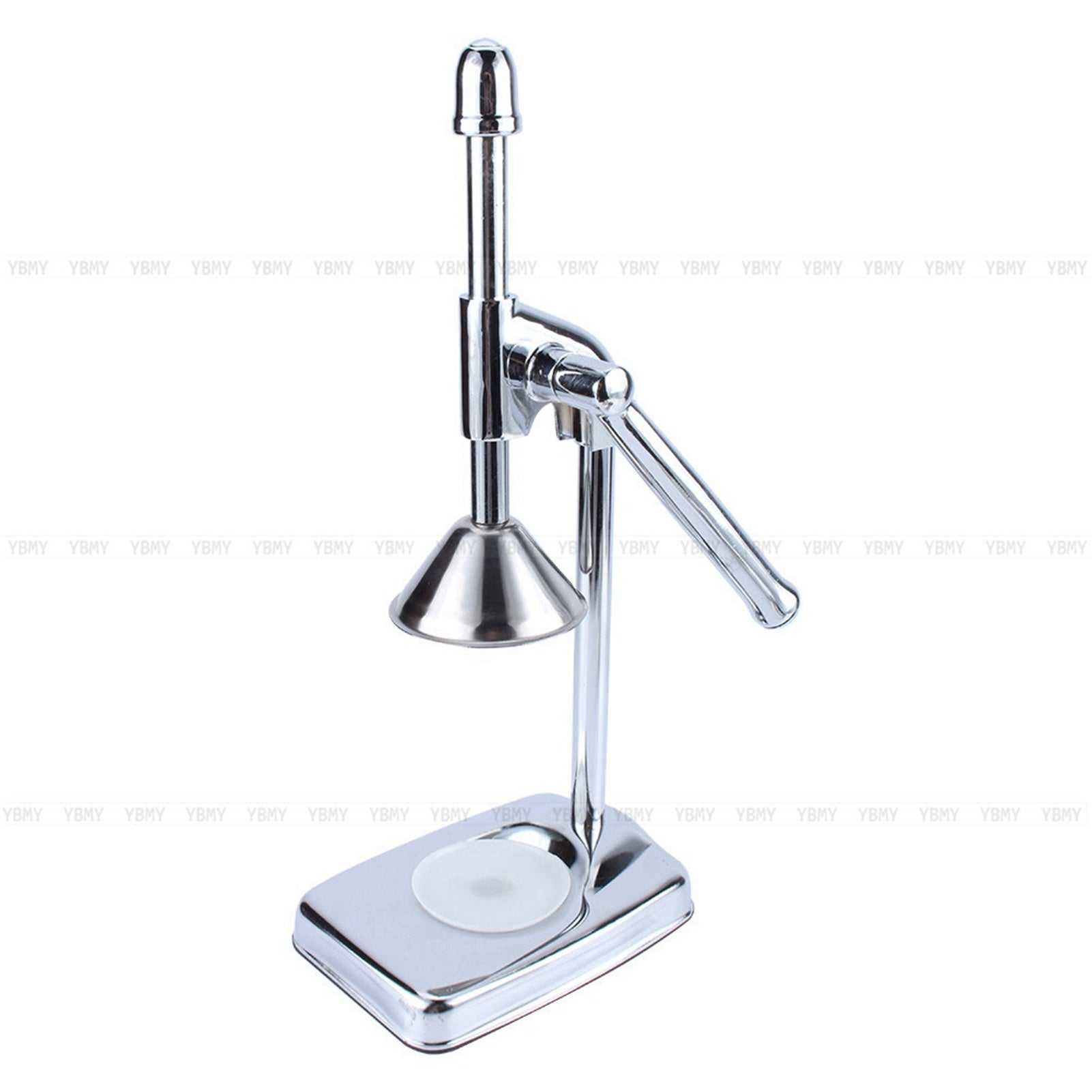 Durable manual hand press juicer with stainless steel design and lever-gear handle for citrus extraction.