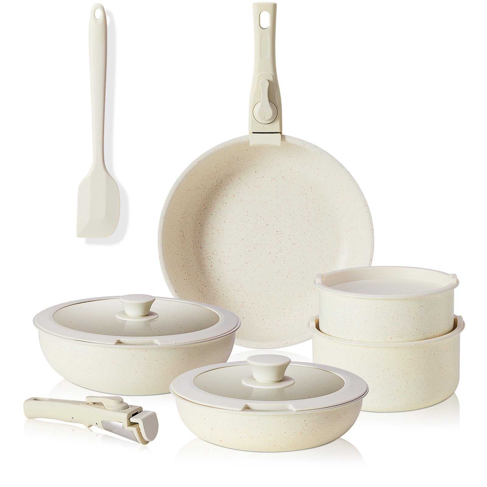 Non-stick 12 pots and pans set with detachable handles, granite coating, and stackable design.