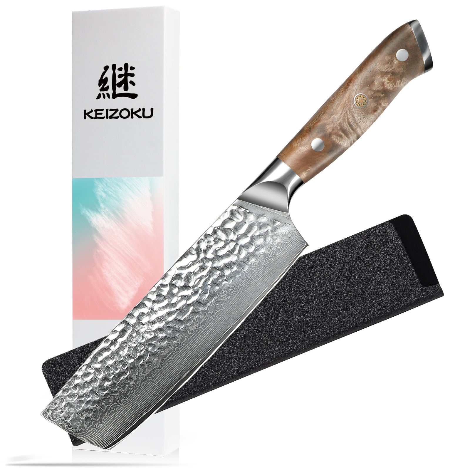 Damascus Chef Knife with G10 handle and gift box, featuring hammered steel blade for superior sharpness and durability.