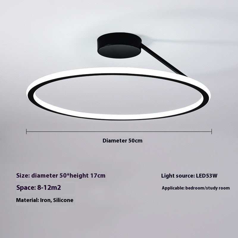 Simple modern LED ceiling light with round design, black iron fixture, 50cm diameter, for bedroom or study.