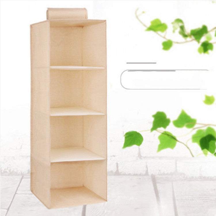 Cotton cloth hanging storage bag with three shelves.