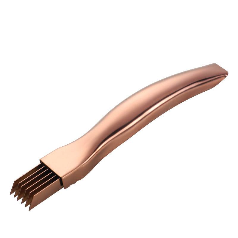 Metallic rose gold kitchen onion knife grater, ergonomic design.