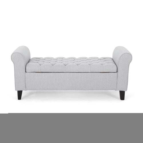 Light grey Hayes Armed Storage Bench with button-tufted design and rolled arms.