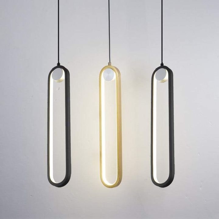 Nordic minimalist oval bedside chandelier with LED lights in black and gold.