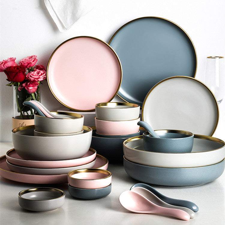 Nordic style porcelain bowls and plates set for drinking tea in solid colors.