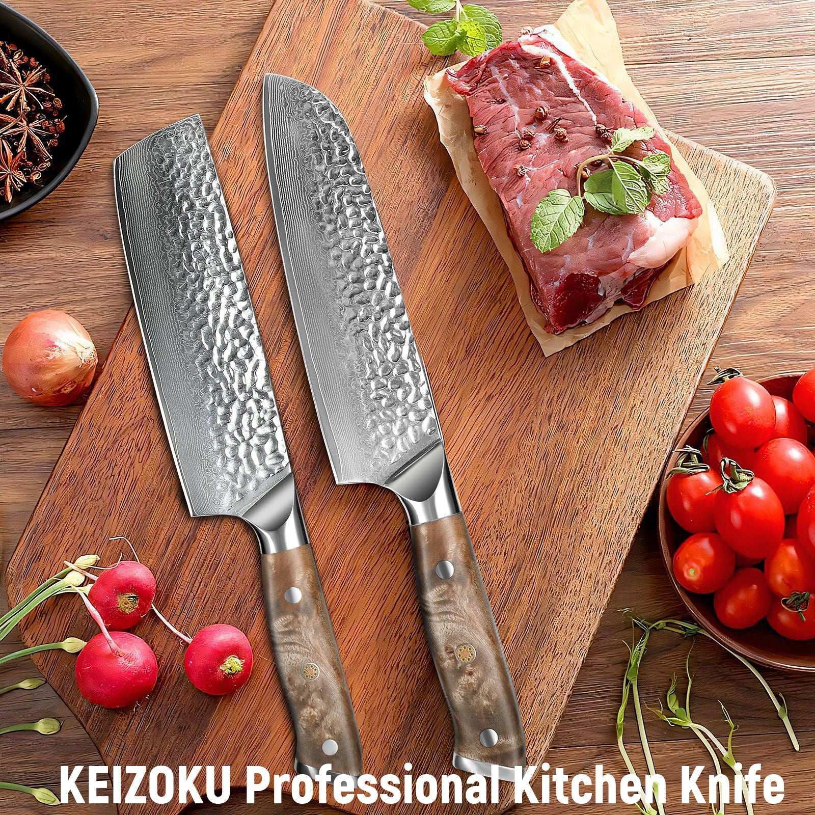 Damascus Chef Knife with G10 Handle on Cutting Board with Meat and Vegetables.