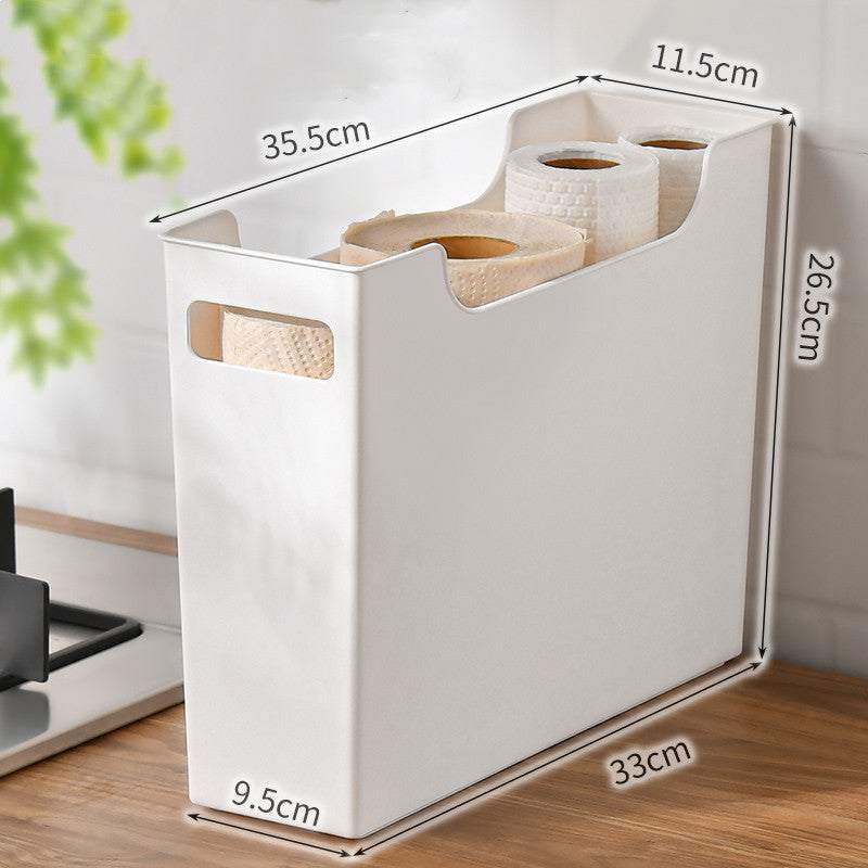 Plastic kitchen cabinet organizer storage box with dimensions, designed for no-punch installation, holding various items.